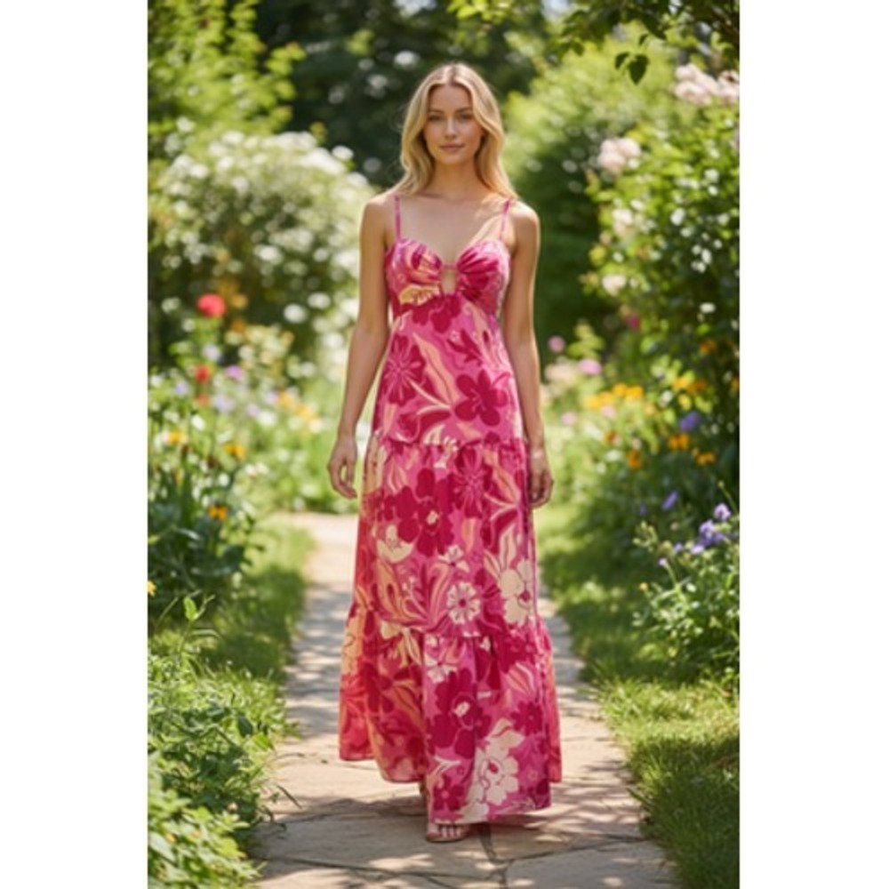 Crystal Doll‎ Maxi Dress Womens XS Pink Floral Cutout Backless Tiered Sundress